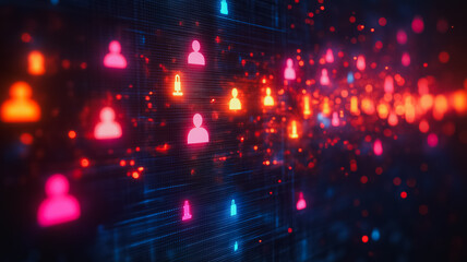 Fototapeta premium A colorful image of people is displayed on a screen. The people are arranged in a line, with some of them being closer to the top and others towards the bottom. Concept of unity and togetherness