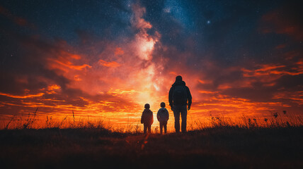 Fototapeta premium A man, a woman and a child are standing in a field at night. The sky is filled with stars and the sun is setting