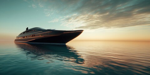 Fototapeta premium Luxurious multimillion-dollar yacht anchored in tranquil waters at sunset