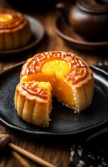 Golden mooncake with rich yellow filling, served on black plate, evokes sense of tradition and celebration. Perfect for festive occasions