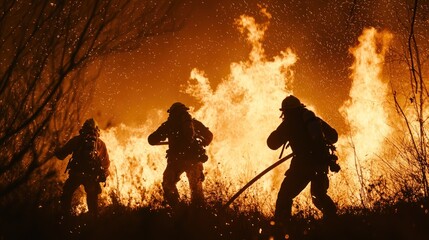 Obraz premium Silhouetted firefighters bravely battle a raging wildfire at night.