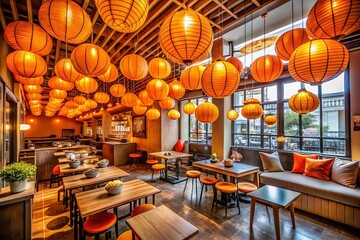 Surreal Modern Cafe Interior Featuring Vibrant Orange Paper Lanterns, Playful Shadows, and Dreamlike Ambiance for a Unique Culinary Experience
