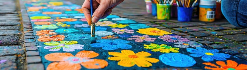 Obraz premium Creative hand painting colorful flowers on sidewalk art.