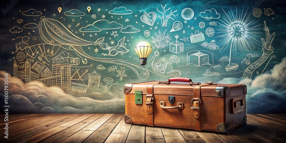 Aufkleber surreal one line drawing of a suitcase representing school education, merging abstract elements in a