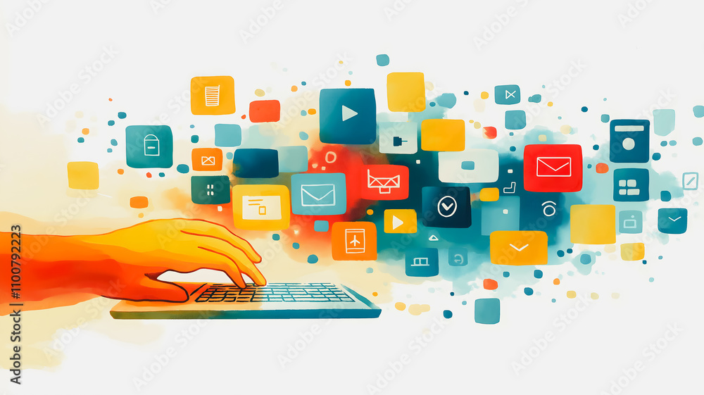 Poster a hand is typing on a keyboard with a colorful background of various icons and buttons. concept of t