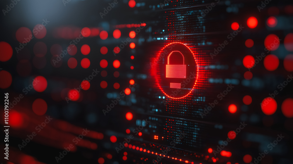 Poster a computer screen with a red lock symbol in the center. the lock symbol is surrounded by a red borde