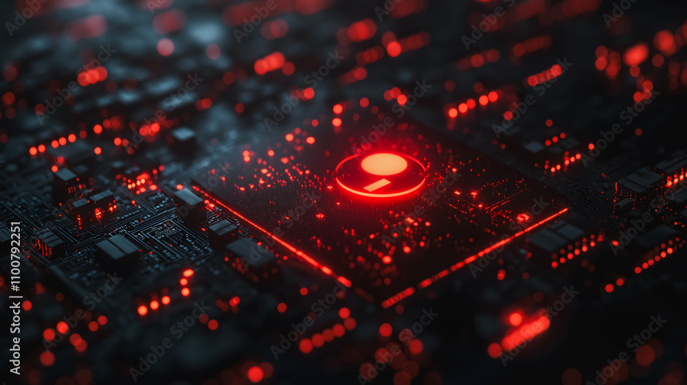 Poster a computer chip with a red glowing symbol on it