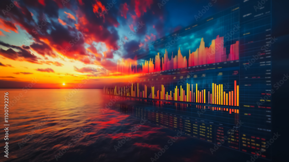 Poster a colorful chart of stock market data is displayed on a screen, with a sunset in the background. the
