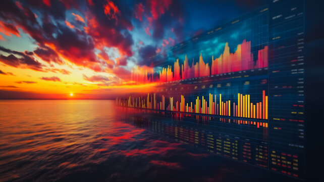 A colorful chart of stock market data is displayed on a screen, with a sunset in the background. The chart is filled with various colored bars and lines, creating a dynamic - Powered by Adobe