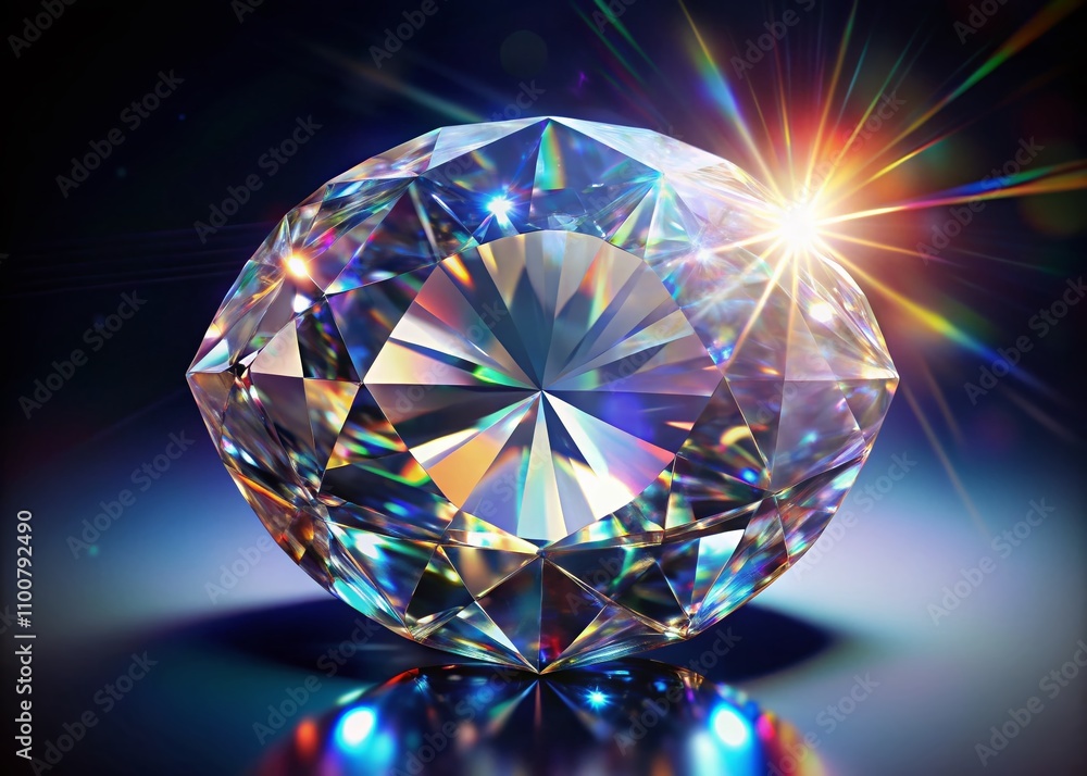 Poster surreal photography of a sparkling round brilliant cut diamond with shadows and glowing lens flares,