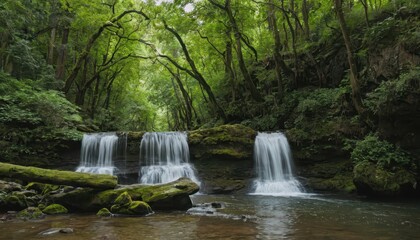 A serene forest scene featuring cascading waterfalls surrounded by lush greenery.