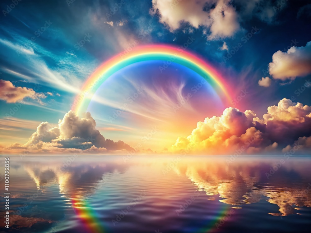 Poster surreal rainbow in the sky with smooth 3d elements and isolated illustrations, perfect for fantasy a