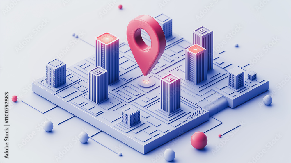 Poster a cityscape with a red dot on it that says 