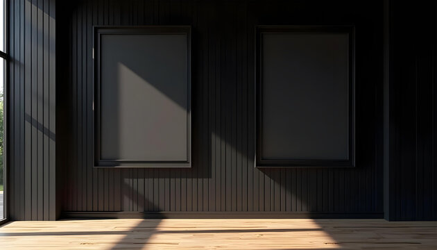 3D balack blank poster banner frame mockup in wall