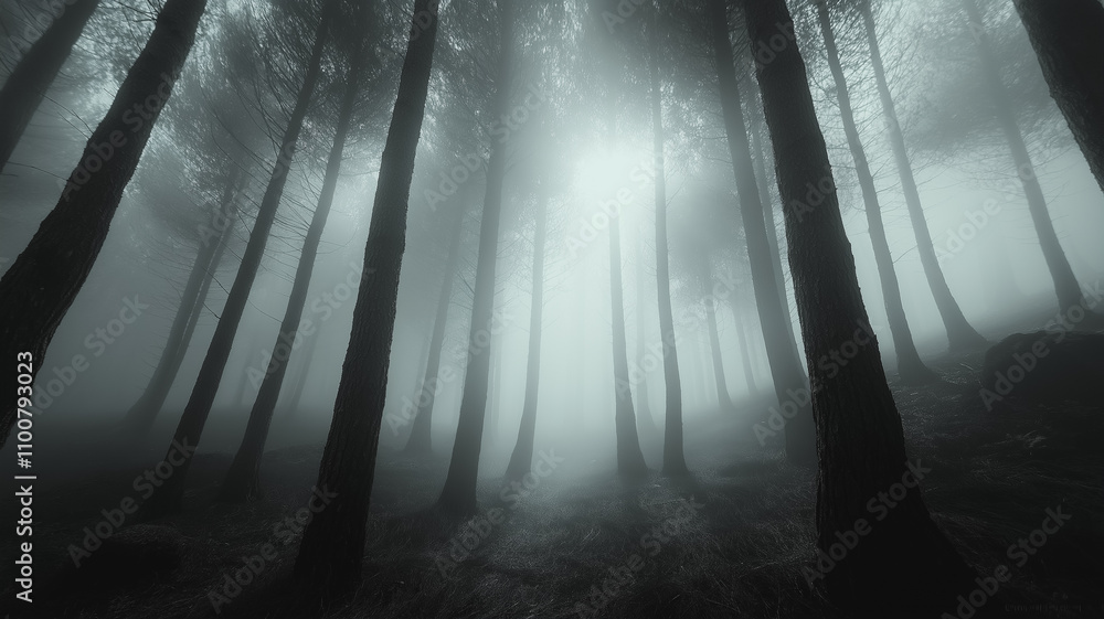Aufkleber a forest with trees in the foreground and background. the trees are dark and the sky is cloudy