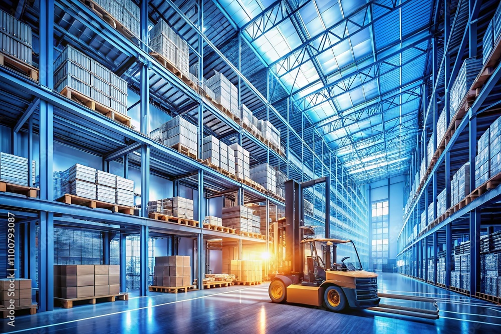 Poster surreal representation of a modern warehouse featuring a cross-sectional view with forklift operatio