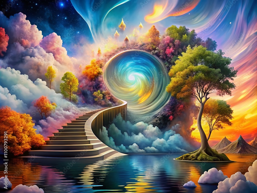 Poster Surreal Representation of Scaling and Resizing Concepts with Abstract Lines and Shapes Symbolizing Growth, Decrease, and Scalability in a Dreamlike Setting