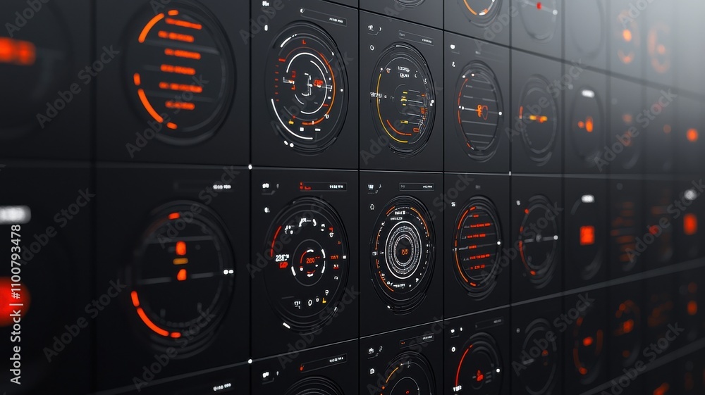 Poster futuristic control panel with glowing indicators and dials.