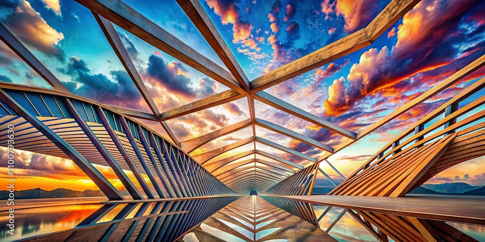Poster surreal roof trusses aligned in a dreamscape, blending architectural precision with ethereal element