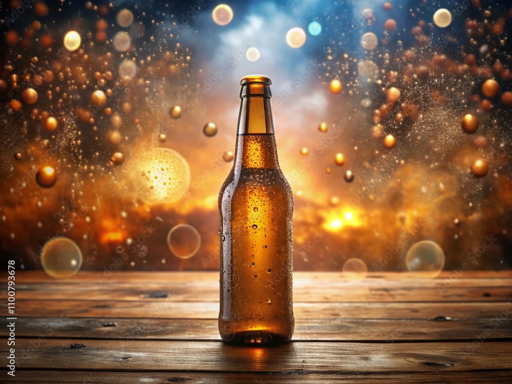 Poster surreal scene of a beer bottle on a table with water droplets capturing the essence of refreshment a