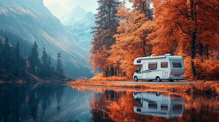 Motorhome Parked Beside Autumnal Lake And Mountains