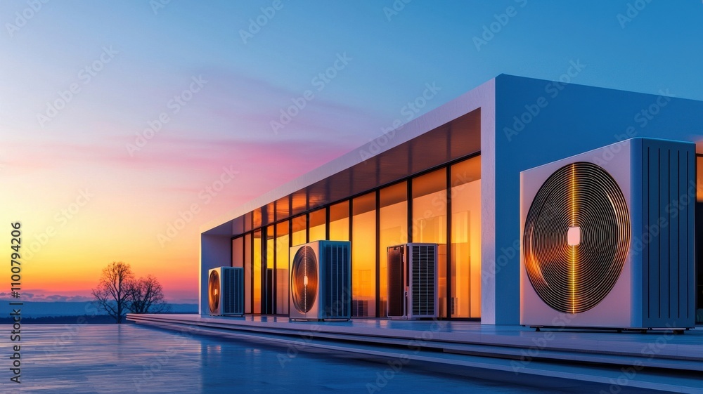 Poster modern architecture with sunset reflection, showcasing unique design.