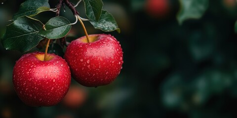 Obraz premium Fresh red apples glistening with droplets on a branch against a blurred chaotic background