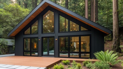Fototapeta premium Modern black house framed by lush green forest surroundings.