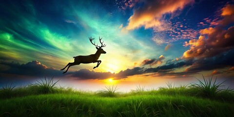 Fototapeta premium Surreal Scene of a Silhouette Deer Leaping Over Lush Green Grass Under a Dreamy Sky with Ethereal Lighting and Whimsical Atmosphere Captured in an Enchanting Landscape