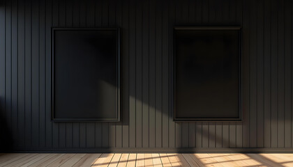 3D balack blank poster banner frame mockup in wall