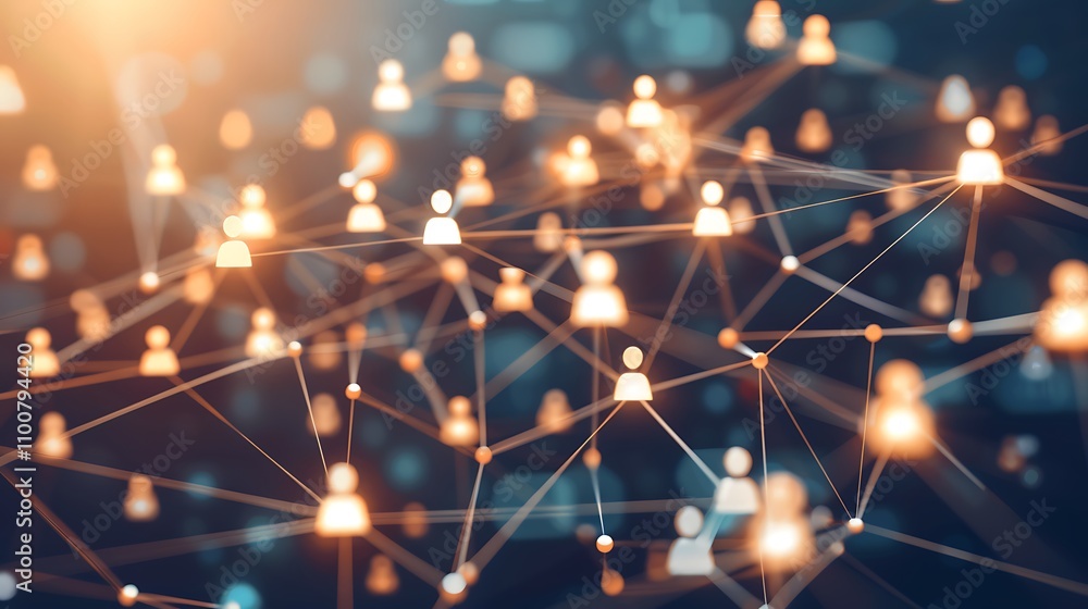 Poster visual representation of a global network, showing interconnected individuals in a digital world. sy