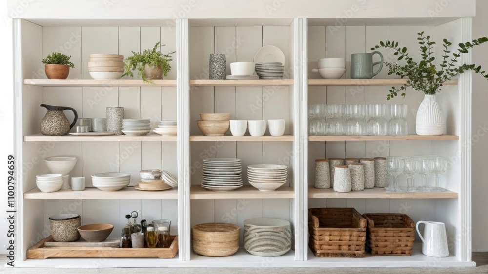 Aufkleber open shelving displays neatly arranged ceramics and glassware adding an airy feel while showcasing t
