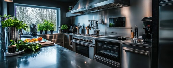 Modern kitchen interior with fresh herbs and appliances.