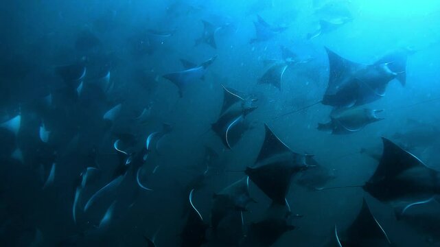 A school of Mobula rays scatters in the ocean, startled and moving in all directions. Check my portfolio for more Mobula ray footage.