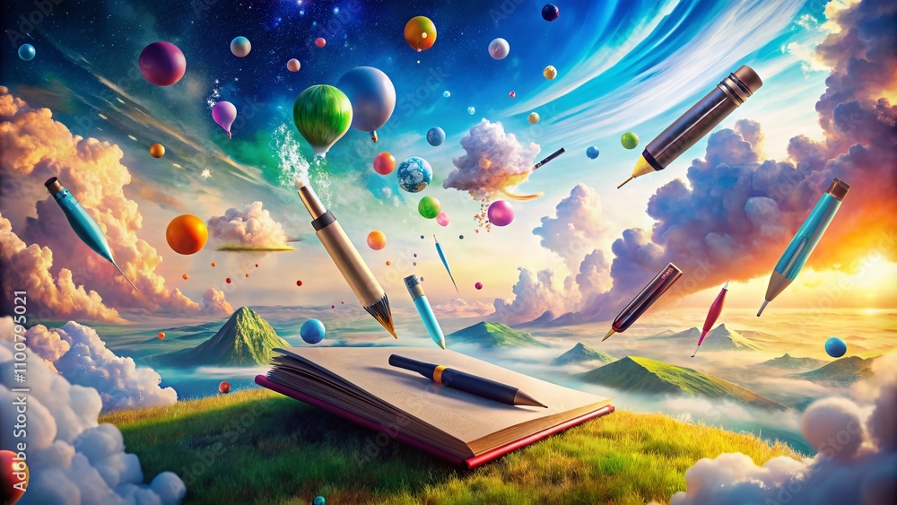 Poster surreal still life of a floating notebook surrounded by colorful pens against an abstract dreamlike 