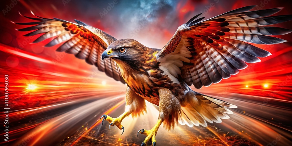 Poster surreal sport logo design featuring a striking red hawk bird in dynamic action pose, blending vivid 