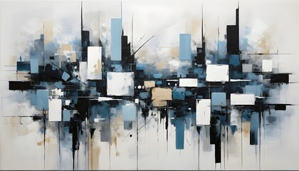 Abstract Cityscape Blues, Blacks, and Whites Geometric Canvas Art. Generated AI