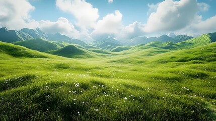 Fototapeta premium Lush green hills under a bright blue sky with fluffy clouds.