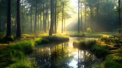 Obraz premium Serene forest scene with a tranquil stream and soft sunlight filtering through trees.