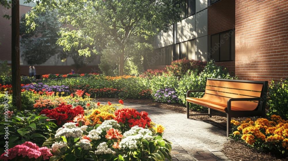 Poster a serene courtyard features vibrant flowers in various colors blooming around a wooden bench. sunlig