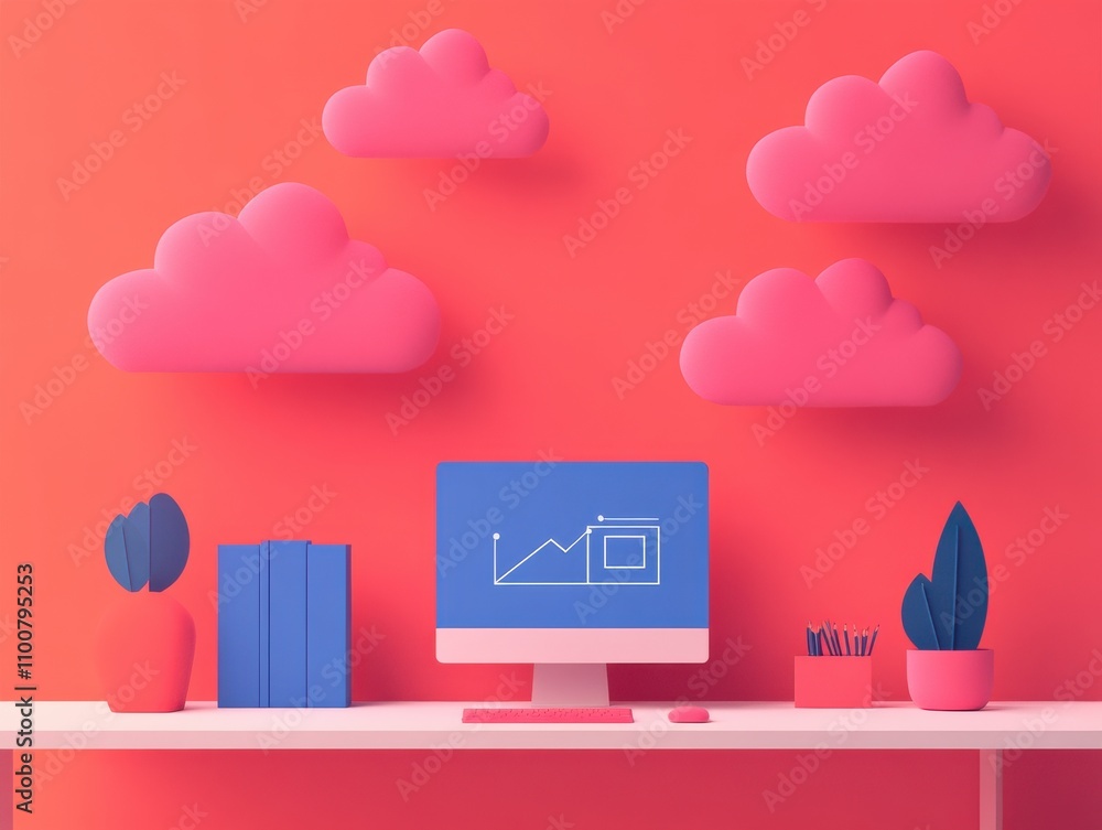 Poster modern workspace with colorful decor and a digital display.