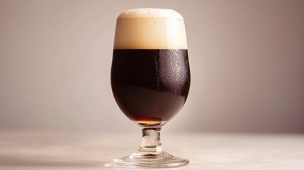 Dark beer served in a glass with frothy foam on top in a casual setting