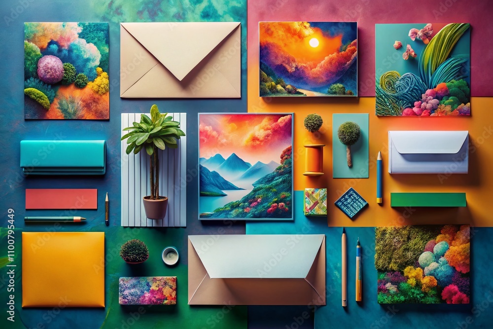 Poster surreal top view of identity and branding stationery and products in an imaginative mockup template 