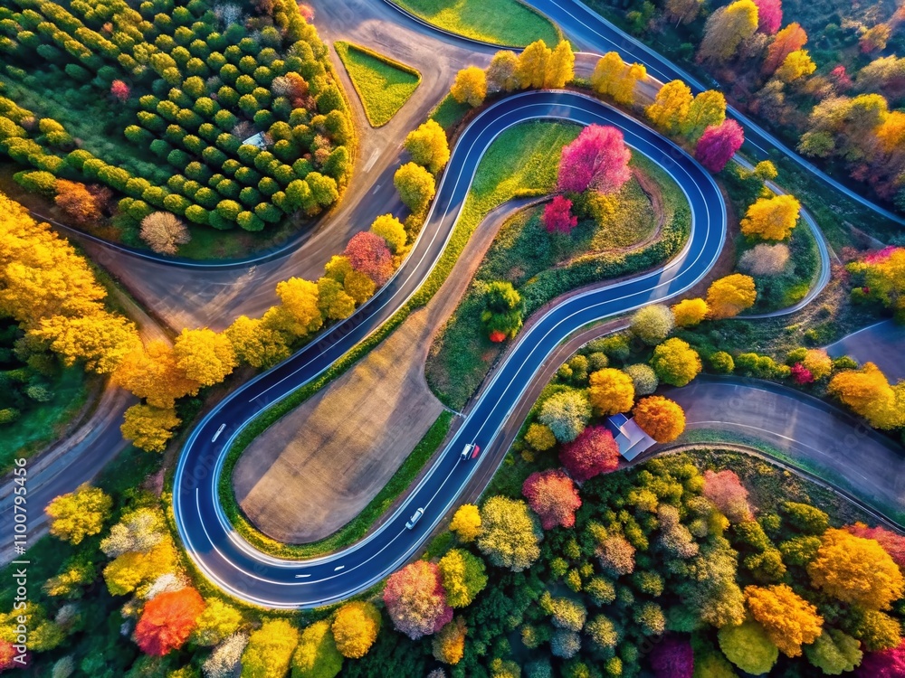 Poster surreal top view of a curved asphalt road winding through a dreamlike landscape with vivid colors an