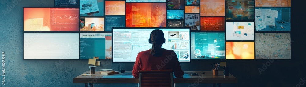 Poster person working on multiple screens in a modern workspace.
