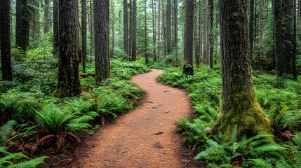 Obraz premium Serene forest path meandering through lush greenery.