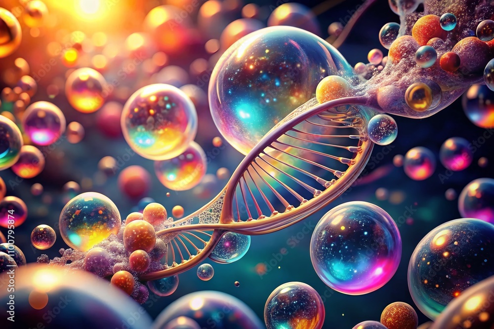 Poster surreal visualization of dna structure floating in a bubbly environment with vibrant colors and drea