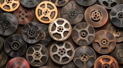 Fototapeta premium Cinema film reels on a dark Background. Vintage film reel.