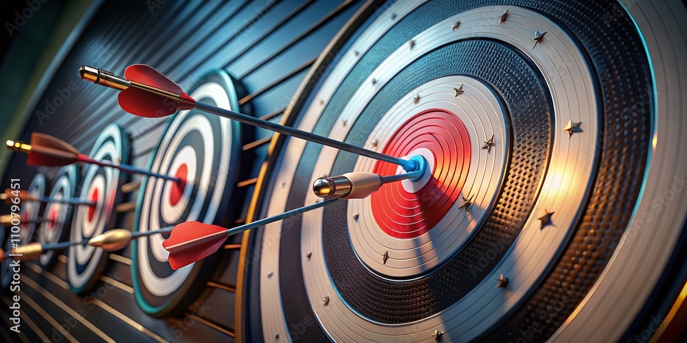 Poster targeting 3d render board with circles and arrows in the bullseye, representing darts target and mar