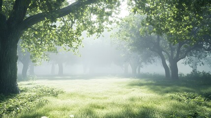 Obraz premium Serene misty forest with lush green trees and vibrant grass.